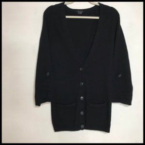 Theory Amaya Black Cashmere V Neck Cardigan 2 Pockets Roll Tab Sleeves Size XS